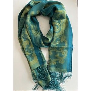 Chinese Silk Scarf/Wrap Emerald With Gold Embroidery 25”x 64” , 5” Fringe